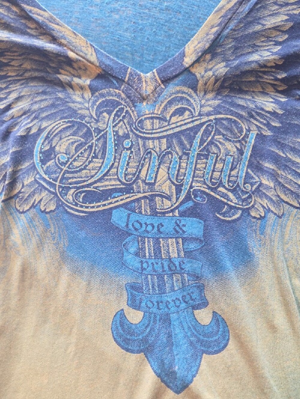 Sinful Women's Short Sleeve V-Neck Tee in Blue and Yellow Ombre - Picture 2 of 6